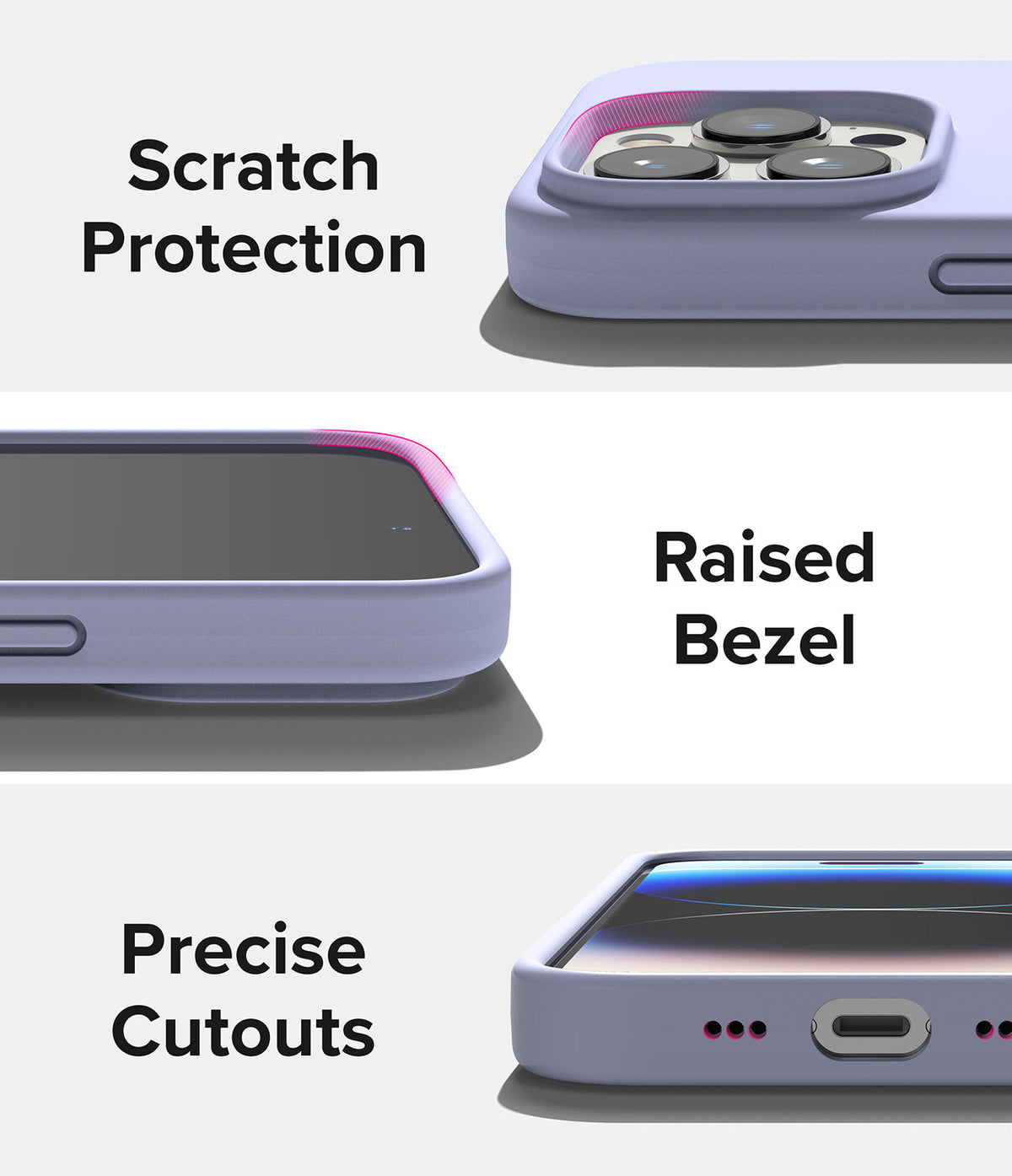 iPhone 14 Pro Case | Silicone - Lavender case showing camera protection, raised screen bezel, and precise port cutouts.
