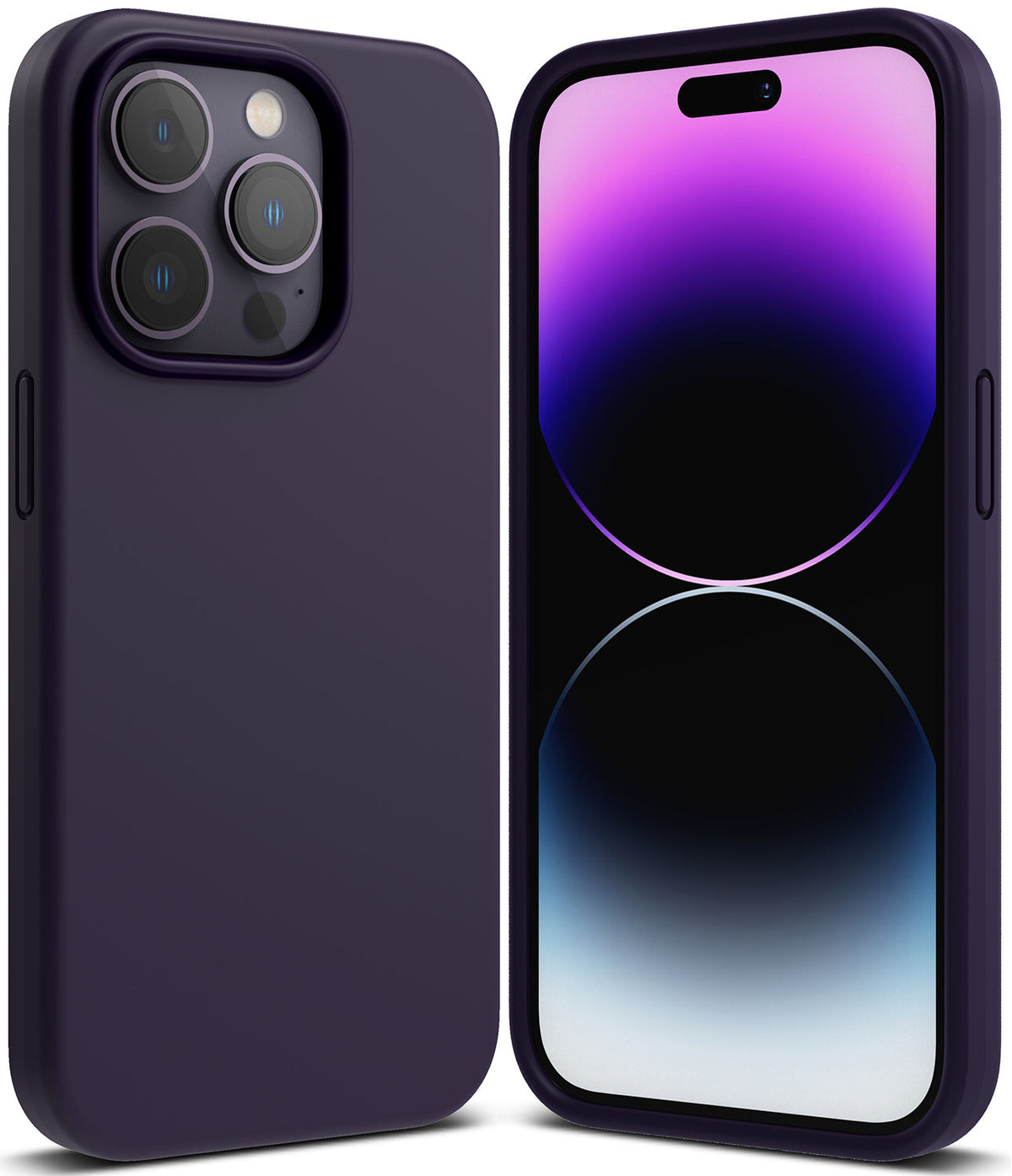iPhone 14 Pro Max Case | Silicone - Dark purple silicone case shown from back and front on an iPhone 14 Pro Max.
