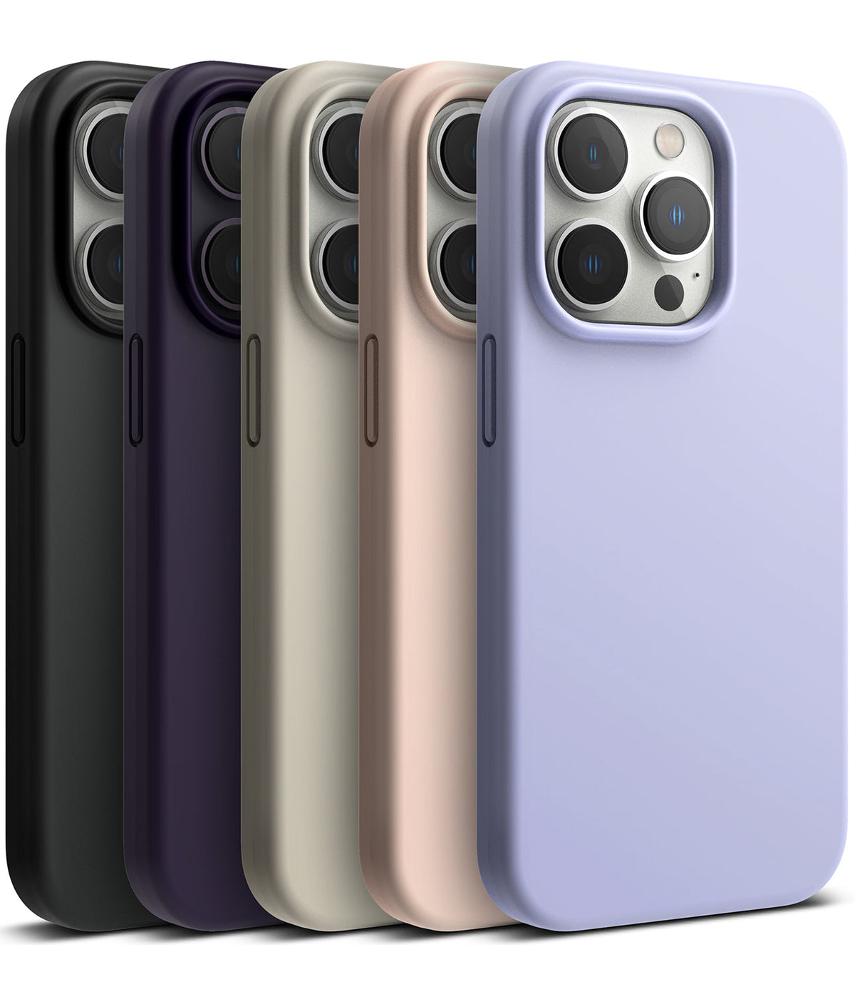 iPhone 14 Pro Case | Silicone - Five iPhone 14 Pro silicone cases in black, dark purple, beige, pink, and light purple.