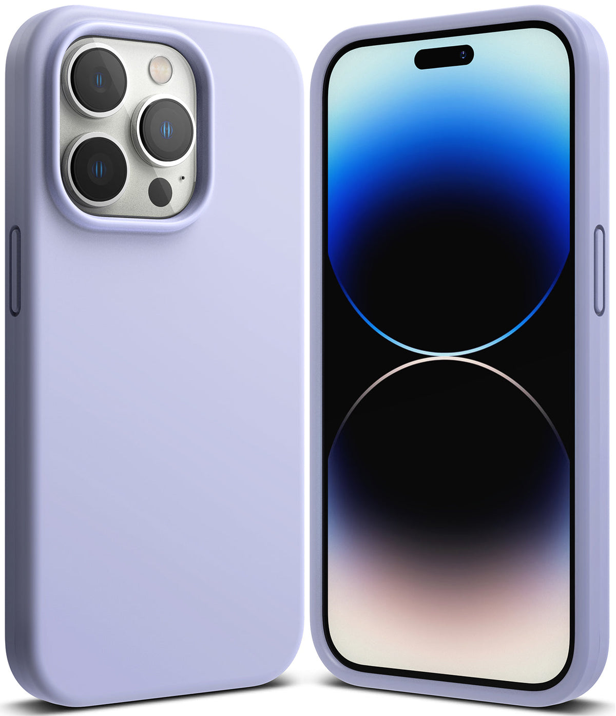 iPhone 14 Pro Case | Silicone - Lavender silicone case shown from back with camera cutout and front with screen view.