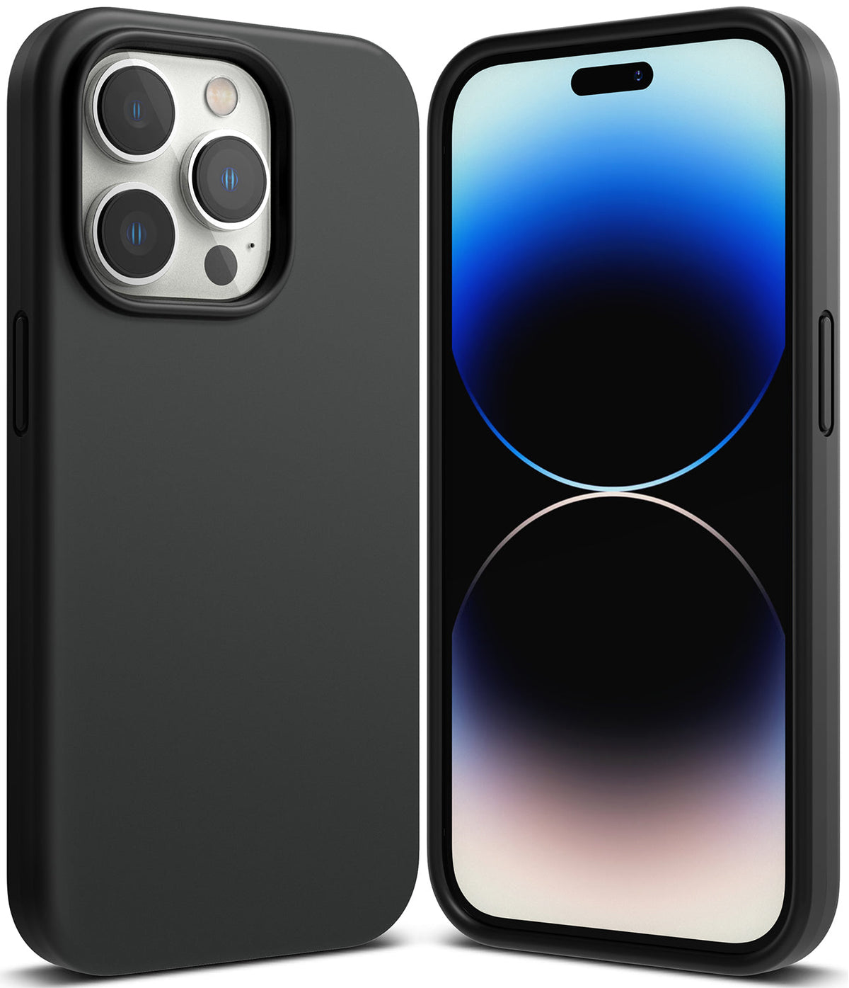 iPhone 14 Pro Case | Silicone - Matte black silicone case shown from back and front on an iPhone 14 Pro.