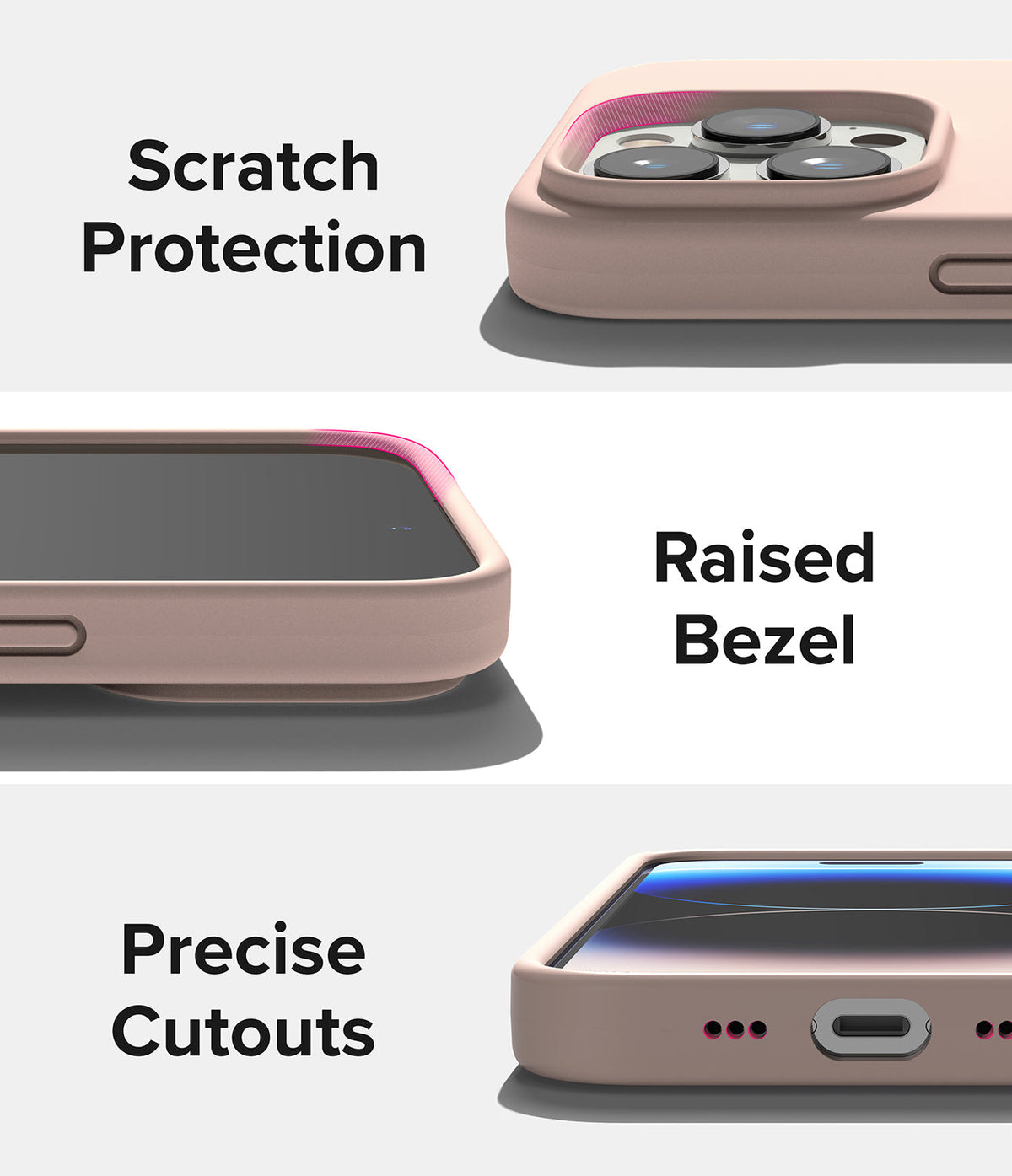 iPhone 14 Pro Case | Silicone - Close-ups showing raised camera protection, screen bezel, and precise port cutouts.