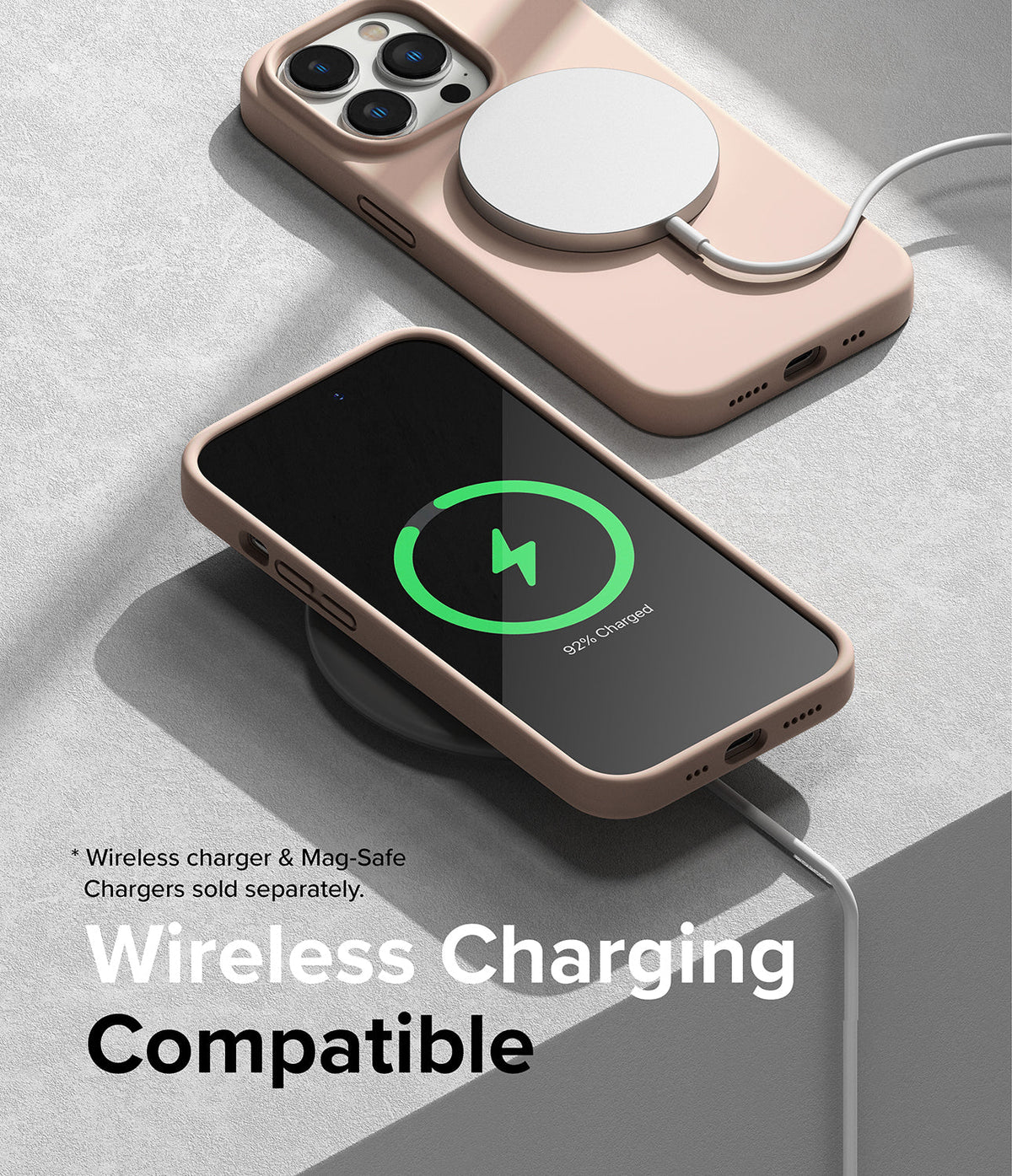 iPhone 14 Pro Case | Silicone - Two light pink silicone cases on a surface, one charging wirelessly with a MagSafe puck and screen icon.