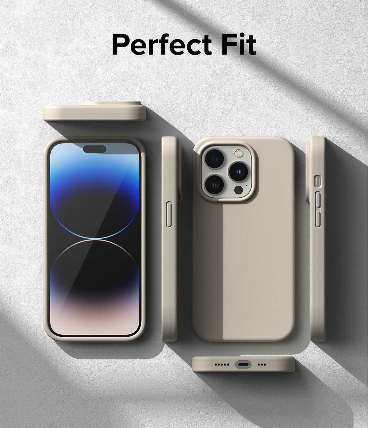 iPhone 14 Pro Case | Silicone - Beige silicone case shown from multiple angles around an iPhone 14 Pro on a textured surface.