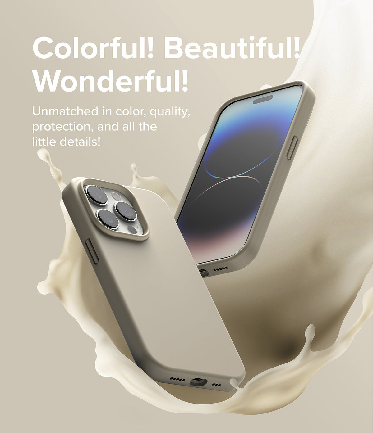 iPhone 14 Pro Case | Silicone - Beige silicone case on an iPhone 14 Pro surrounded by a dynamic splash of cream liquid.