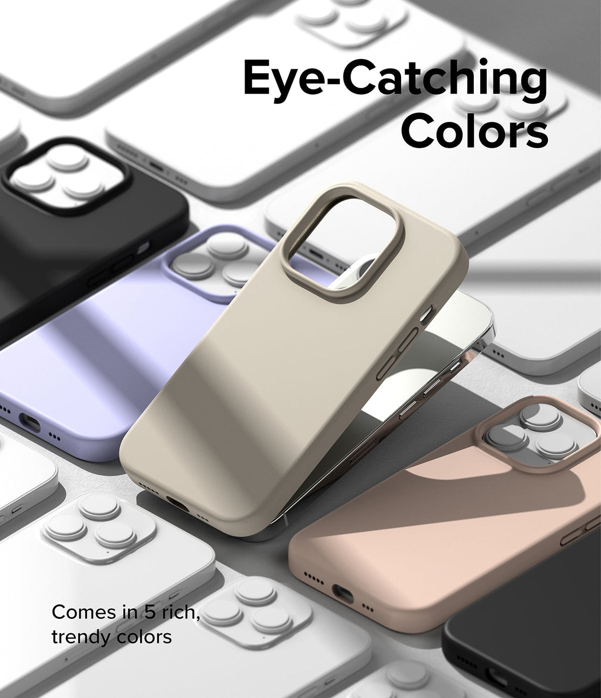 iPhone 14 Pro Case | Silicone - Multiple iPhone 14 Pro cases in various pastel and neutral colors arranged on a gray surface.