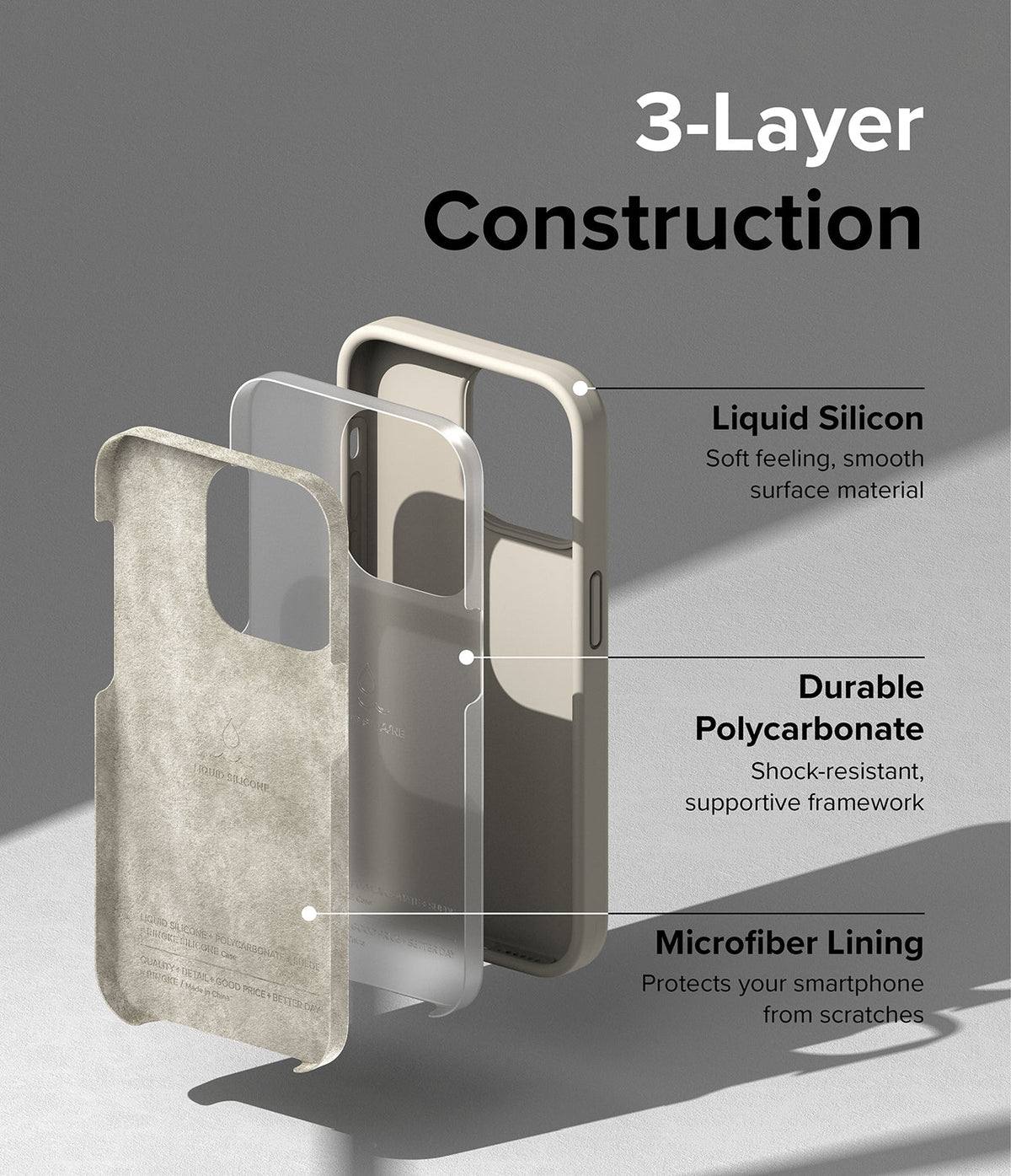 iPhone 14 Pro Case | Silicone - Exploded view showing liquid silicone, polycarbonate, and microfiber lining layers.