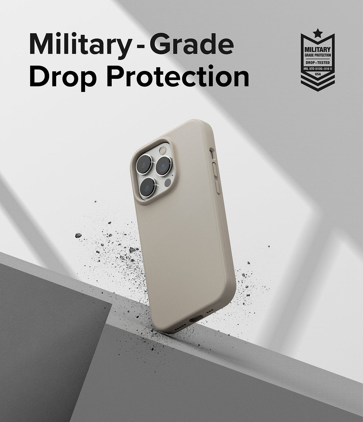 iPhone 14 Pro Case | Silicone - Beige phone case floating above a geometric surface with military-grade drop protection text.