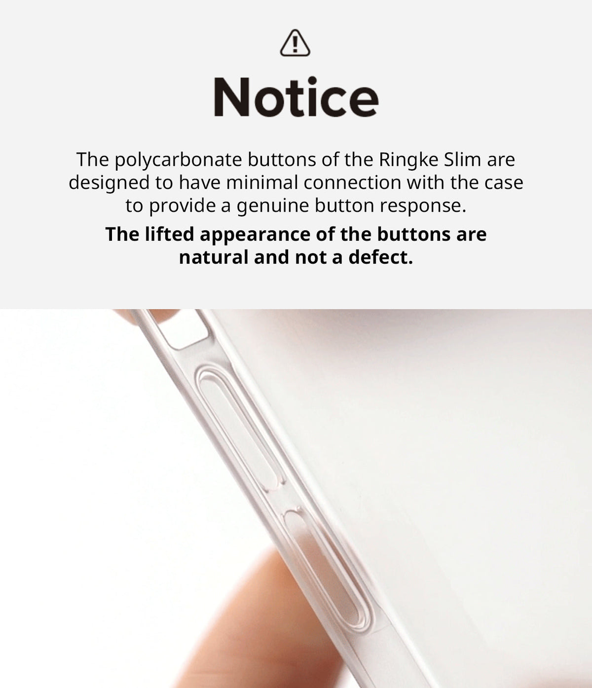 iPhone 14 Pro Case | Slim - Informational notice explaining that the lifted button design is intentional for tactile response.