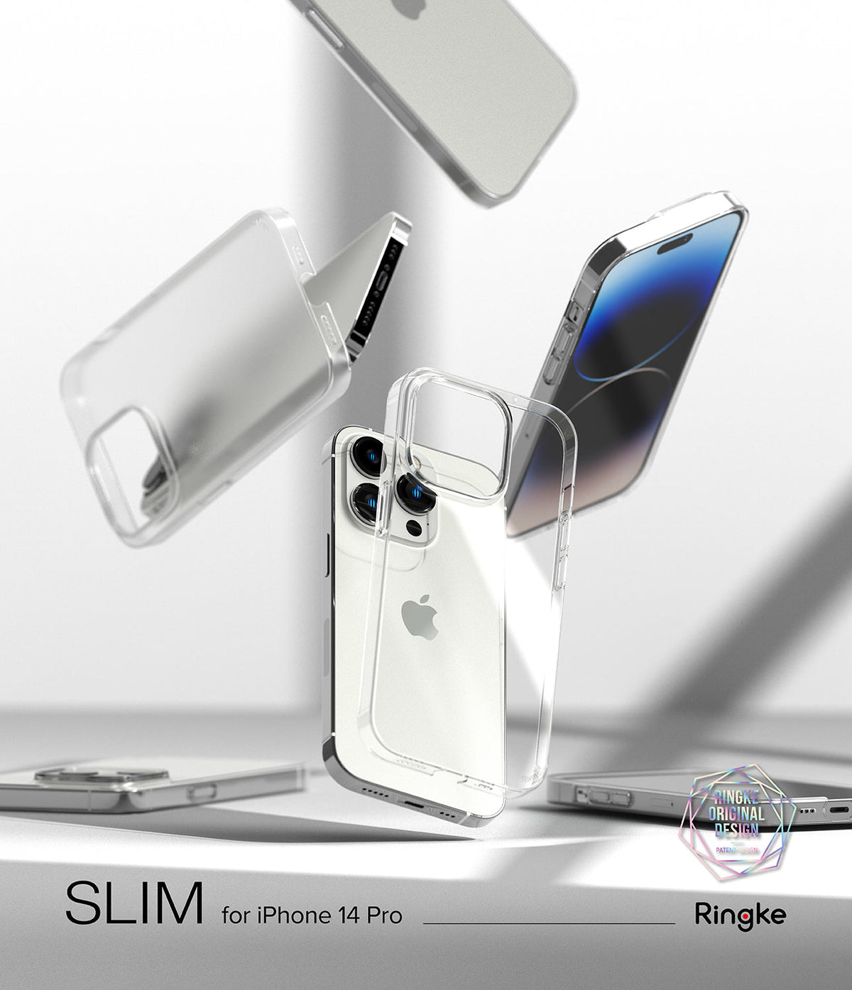 iPhone 14 Pro Case | Slim - Multiple clear, slim phone cases floating around an iPhone 14 Pro against a white background.