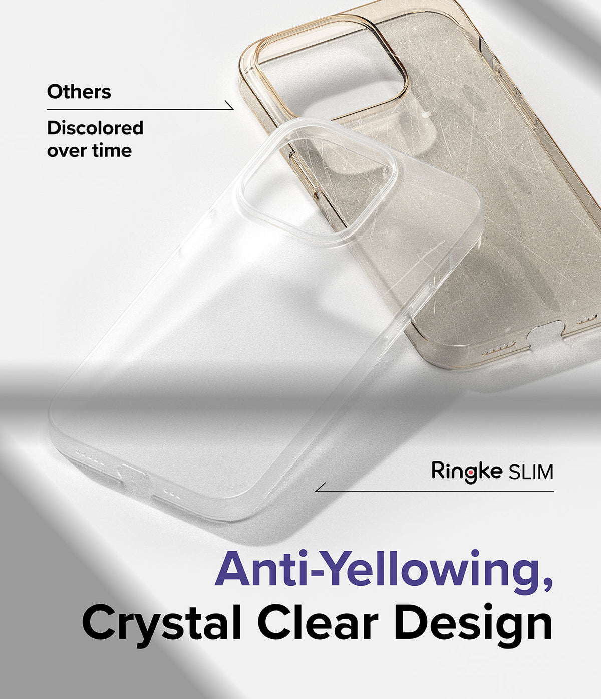 iPhone 14 Pro Case | Slim - Comparison of a clear Ringke case versus a discolored, scratched competitor case.
