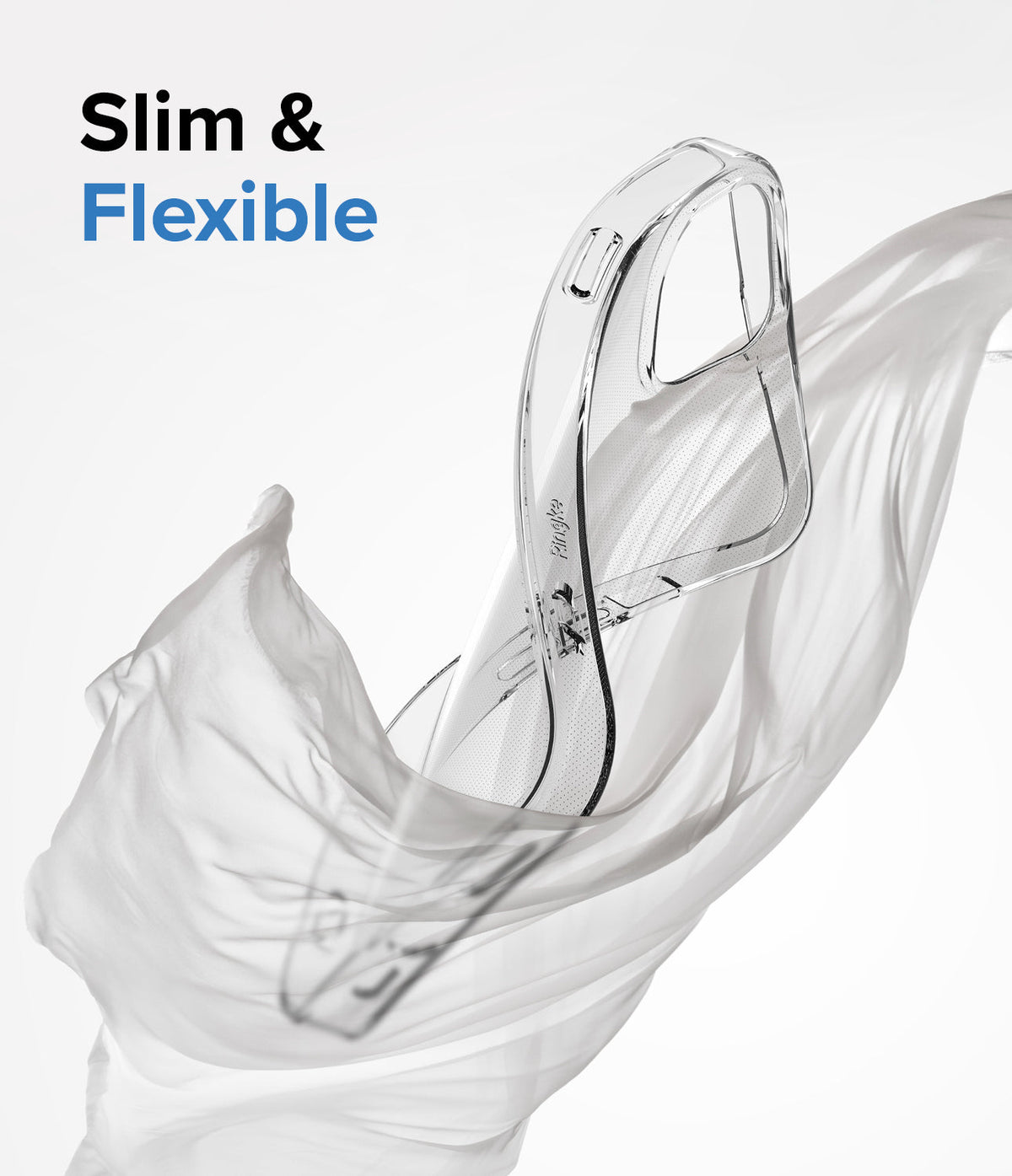iPhone 14 Case | Air - Clear phone case wrapped in flowing white fabric with the text Slim & Flexible.