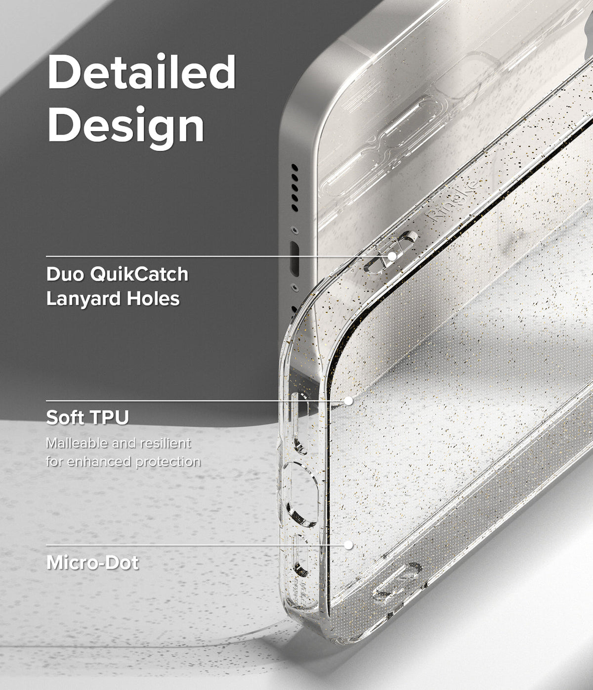 iPhone 14 Case | Air - Close-up of a clear, glittery phone case highlighting lanyard holes, soft TPU material, and micro-dots.