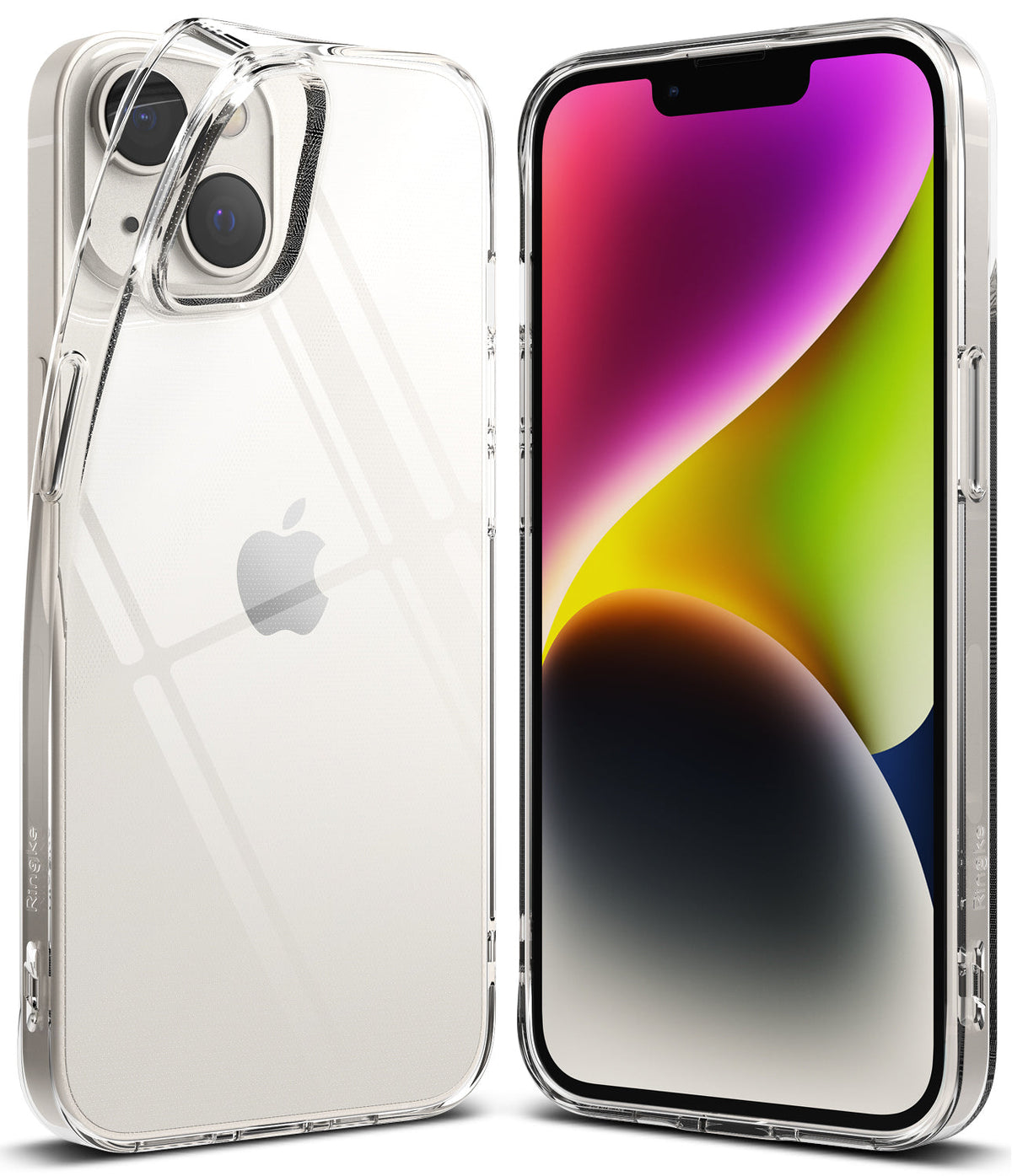 iPhone 14 Plus Case | Air - Clear protective case shown from back and front angles on an iPhone 14 Plus with a colorful screen.