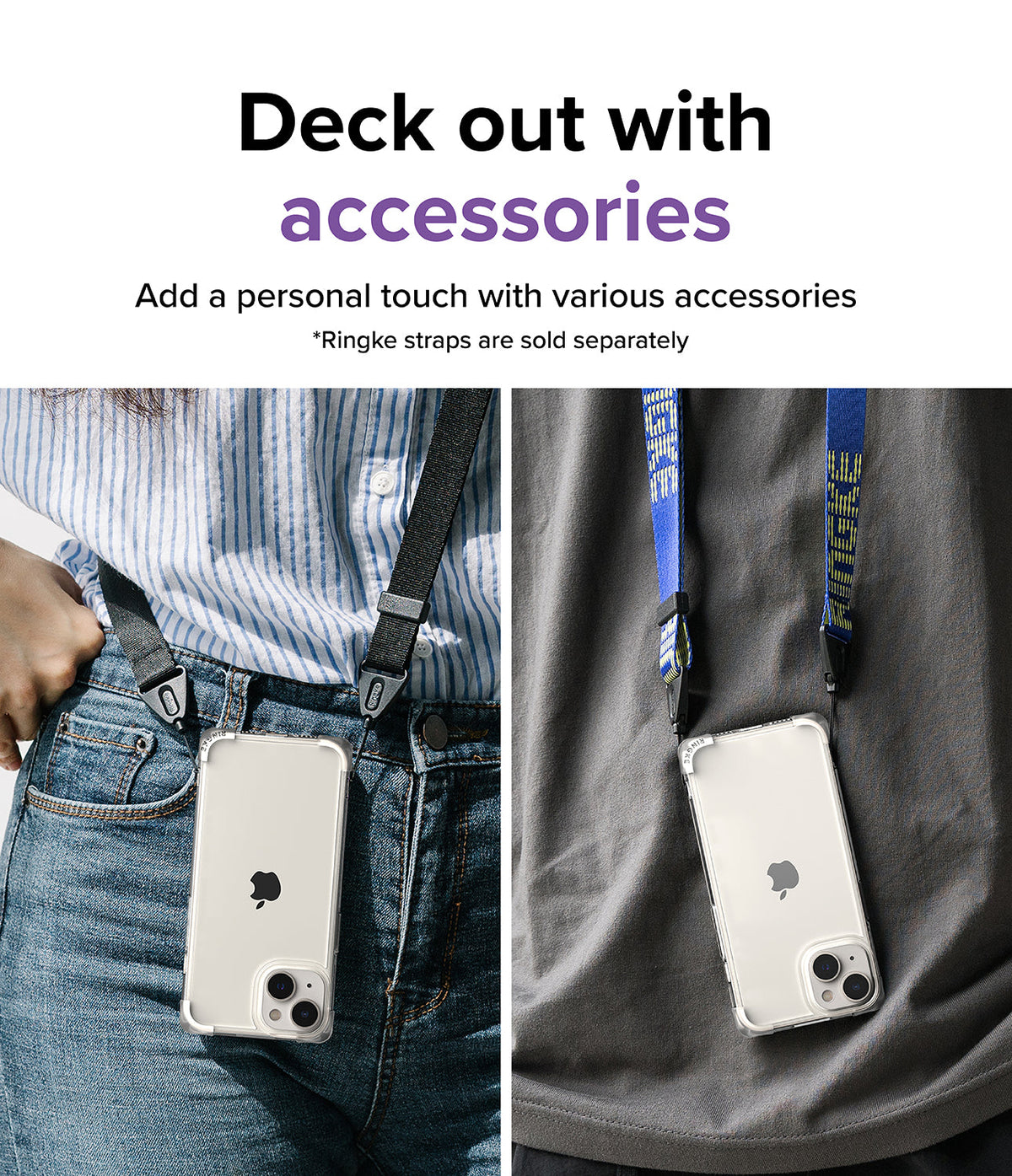 iPhone 14 Case | Fusion Bumper - Two people wearing clear iPhone 14 cases with black and blue branded neck straps attached.