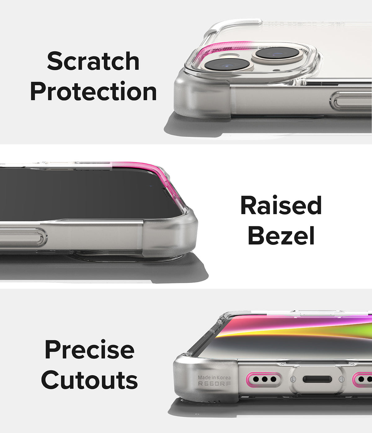 iPhone 14 Case | Fusion Bumper - Three close-ups showing scratch protection, raised bezels, and precise port cutouts.