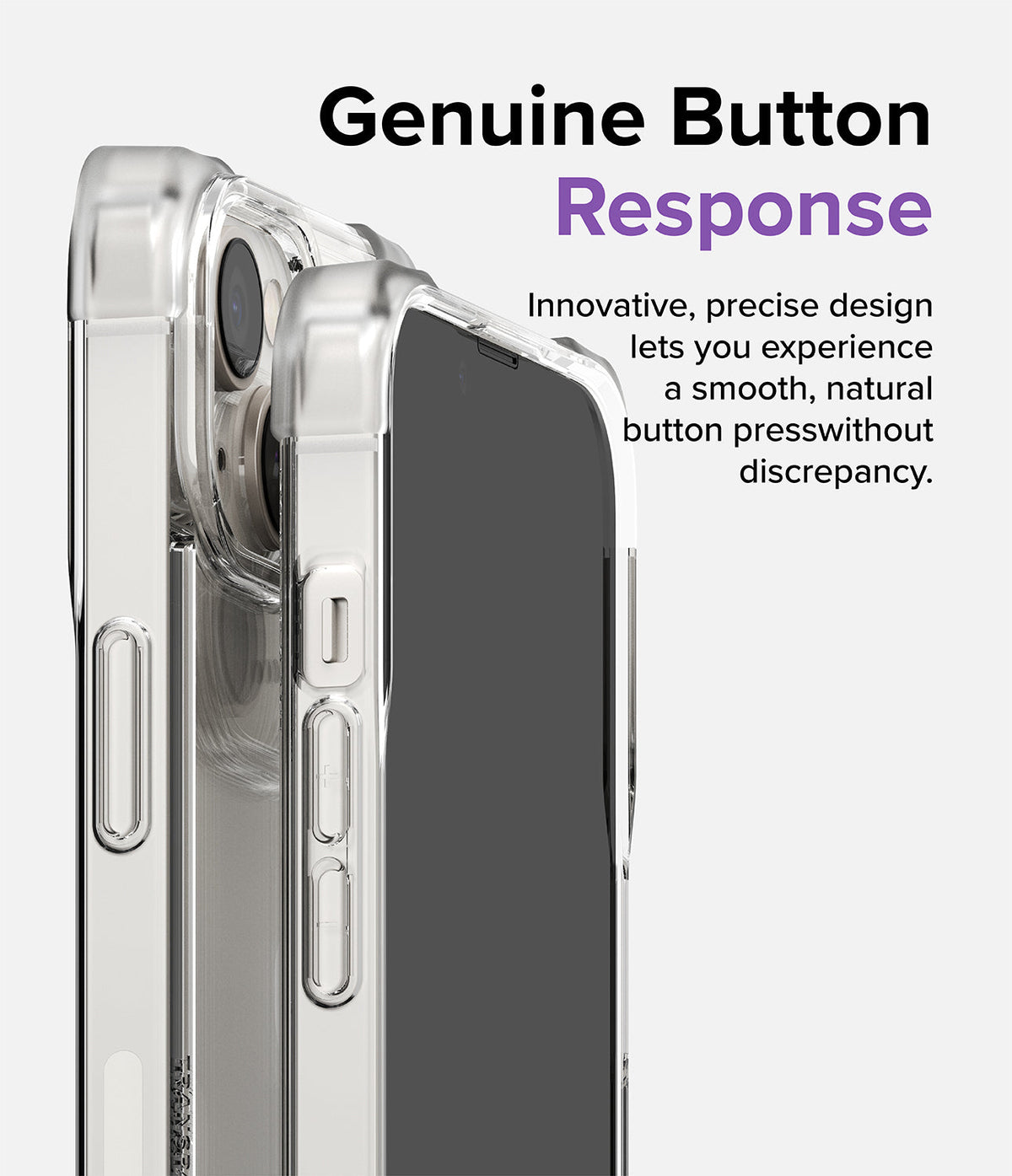 iPhone 14 Case | Fusion Bumper - Close-up of a clear iPhone 14 case highlighting precise, responsive side buttons.