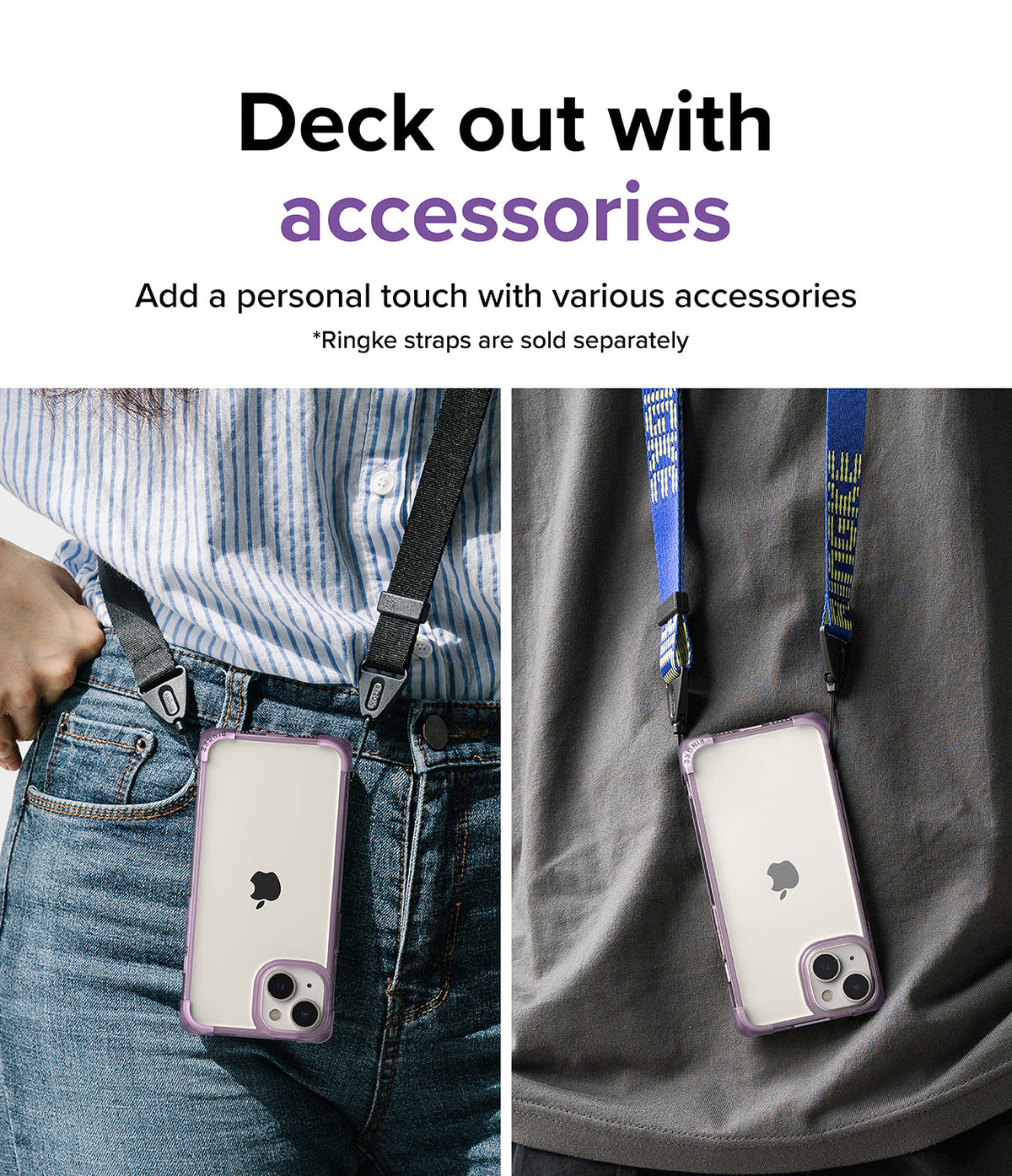 iPhone 14 Case | Fusion Bumper - Two iPhone 14 phones in purple bumper cases worn around the neck with branded straps.