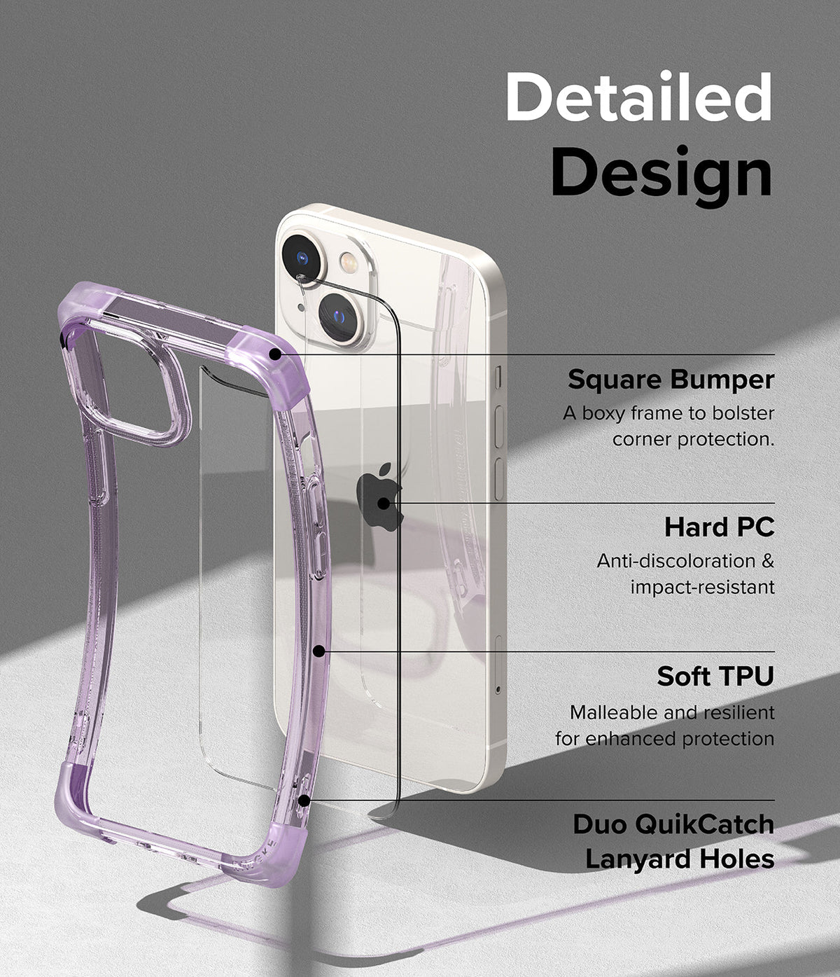 iPhone 14 Case | Fusion Bumper - Exploded view of a purple bumper case highlighting square corners, PC/TPU materials, and lanyard holes.