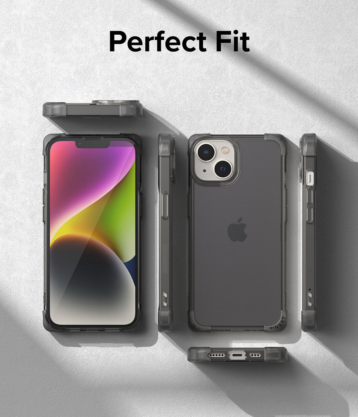 iPhone 14 Case | Fusion Bumper - Multiple views of a matte black iPhone 14 bumper case showing front, back, and side profiles.
