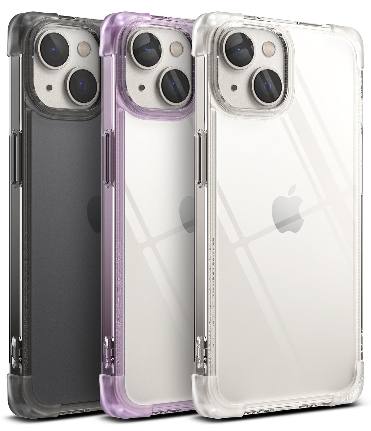 iPhone 14 Plus Case | Fusion Bumper - Three iPhone 14 Plus phones in black, purple, and clear bumper cases lined up.