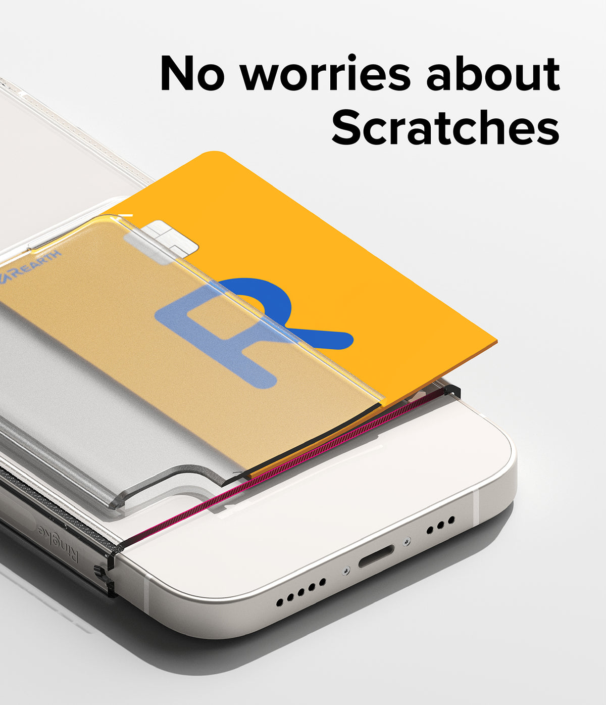 iPhone 14 Case | Fusion Card - A credit card sliding into a clear protective phone case with text No worries about Scratches.