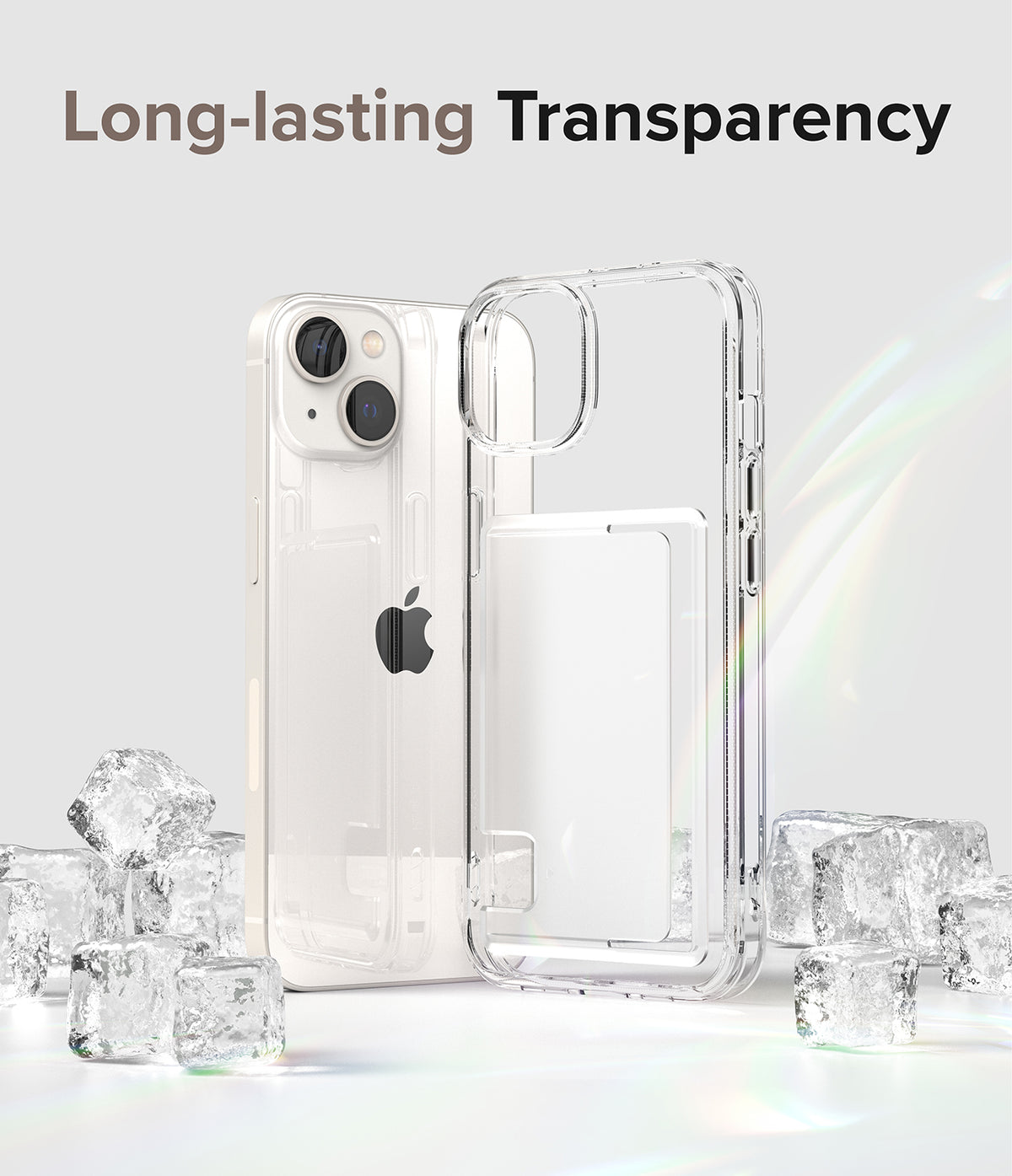 iPhone 14 Case | Fusion Card - Clear iPhone 14 case with card slot standing among ice cubes against a light background.