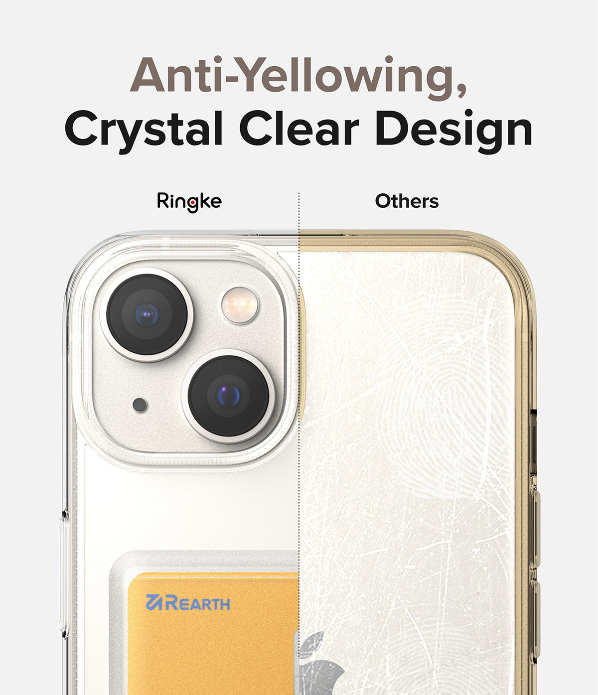 iPhone 14 Case | Fusion Card - Comparison showing a clear Ringke case versus a yellowed, scratched generic phone case.