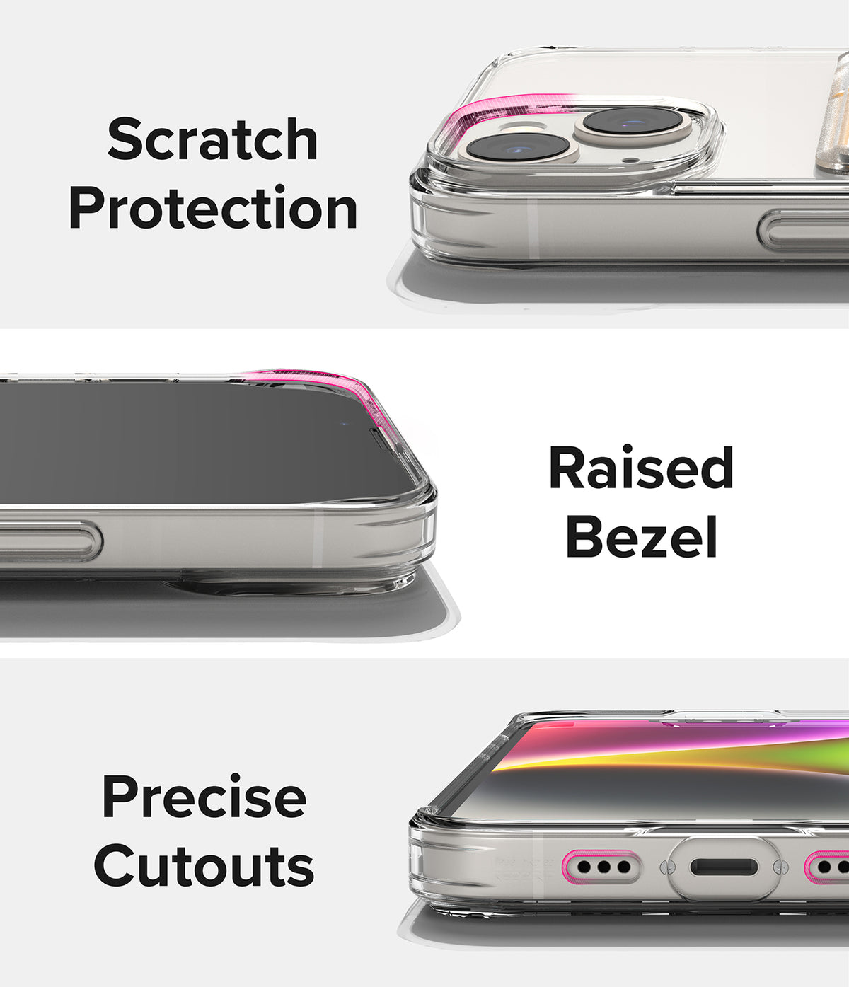 iPhone 14 Case | Fusion Card - Close-ups of clear phone case highlighting scratch protection, raised bezels, and precise port cutouts.