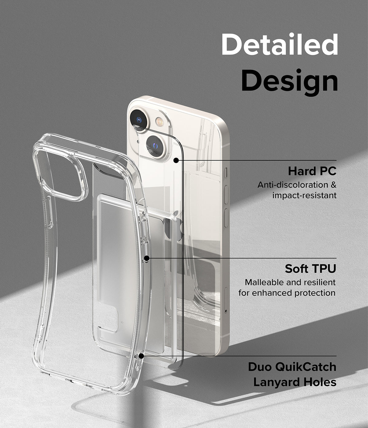 iPhone 14 Case | Fusion Card - Clear phone case showing hard PC, soft TPU, and lanyard hole features on an iPhone 14.
