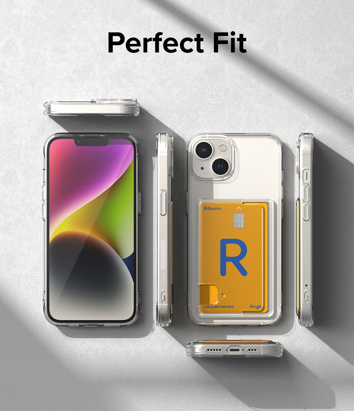 iPhone 14 Case | Fusion Card - Clear iPhone 14 case with a yellow card holder, shown from front, back, and side angles.