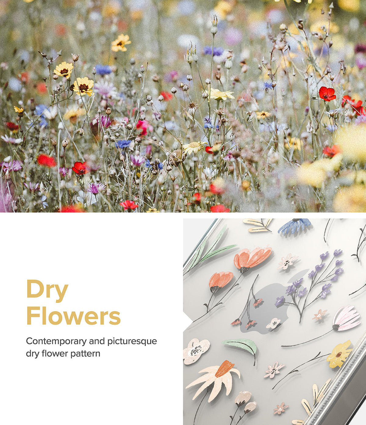 iPhone 14 Case | Fusion Design - A field of colorful wildflowers above a clear phone case with a delicate, painted floral pattern.