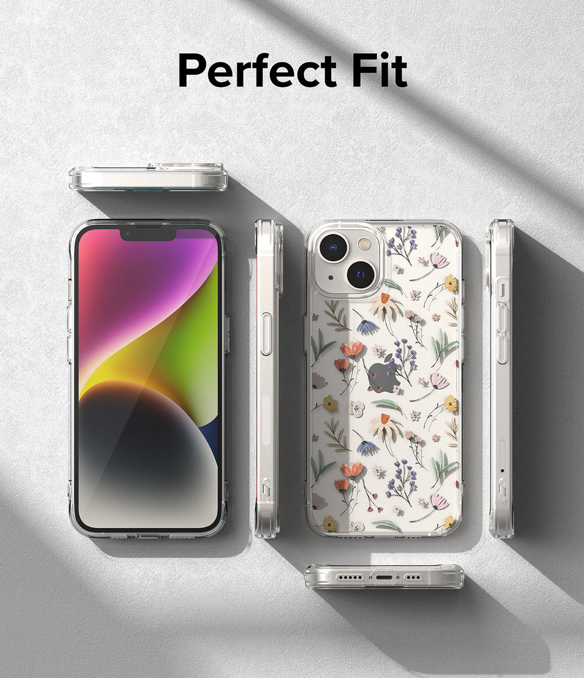 iPhone 14 Case | Fusion Design - Multiple views of an iPhone 14 with a clear floral case on a textured gray background.