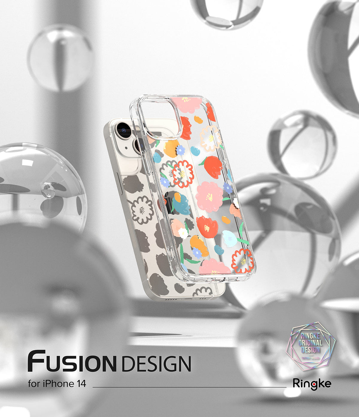 iPhone 14 Case | Fusion Design - Clear phone case with colorful floral patterns floating among glass spheres.