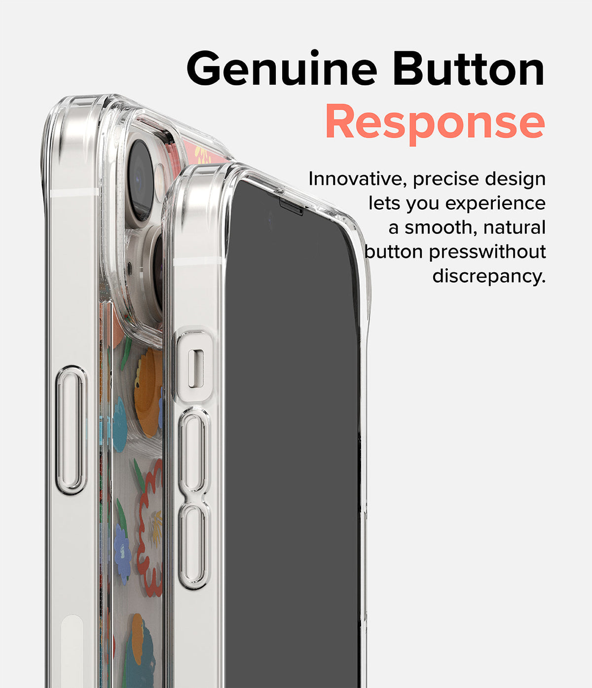 iPhone 14 Case | Fusion Design - Clear iPhone 14 case with floral pattern highlighting precise, responsive side buttons.