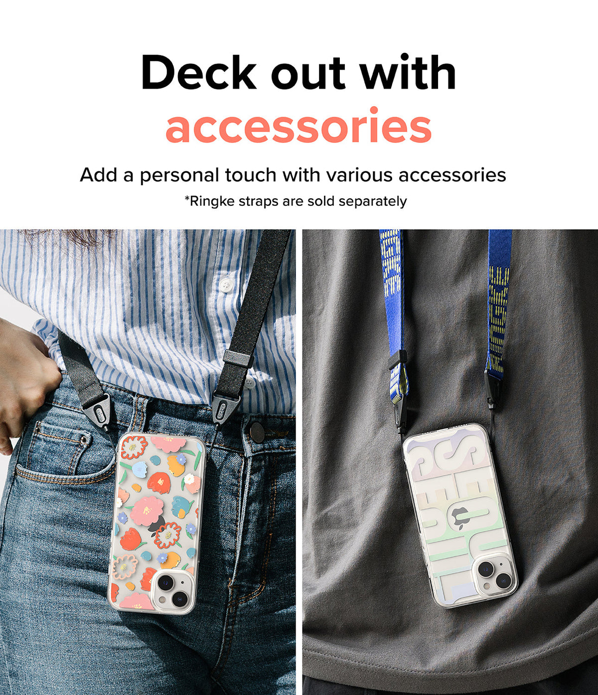 iPhone 14 Case | Fusion Design - Two iPhone 14 cases with floral and Seoul designs hanging from neck straps on people.