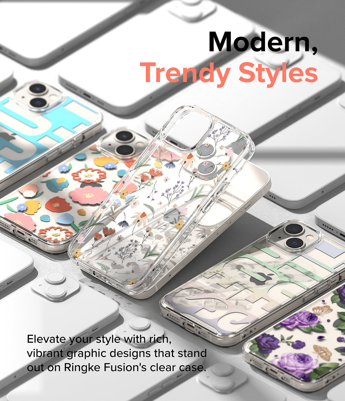 iPhone 14 Case | Fusion Design - Assorted clear iPhone 14 cases featuring floral, abstract, and graphic patterns arranged on a surface.