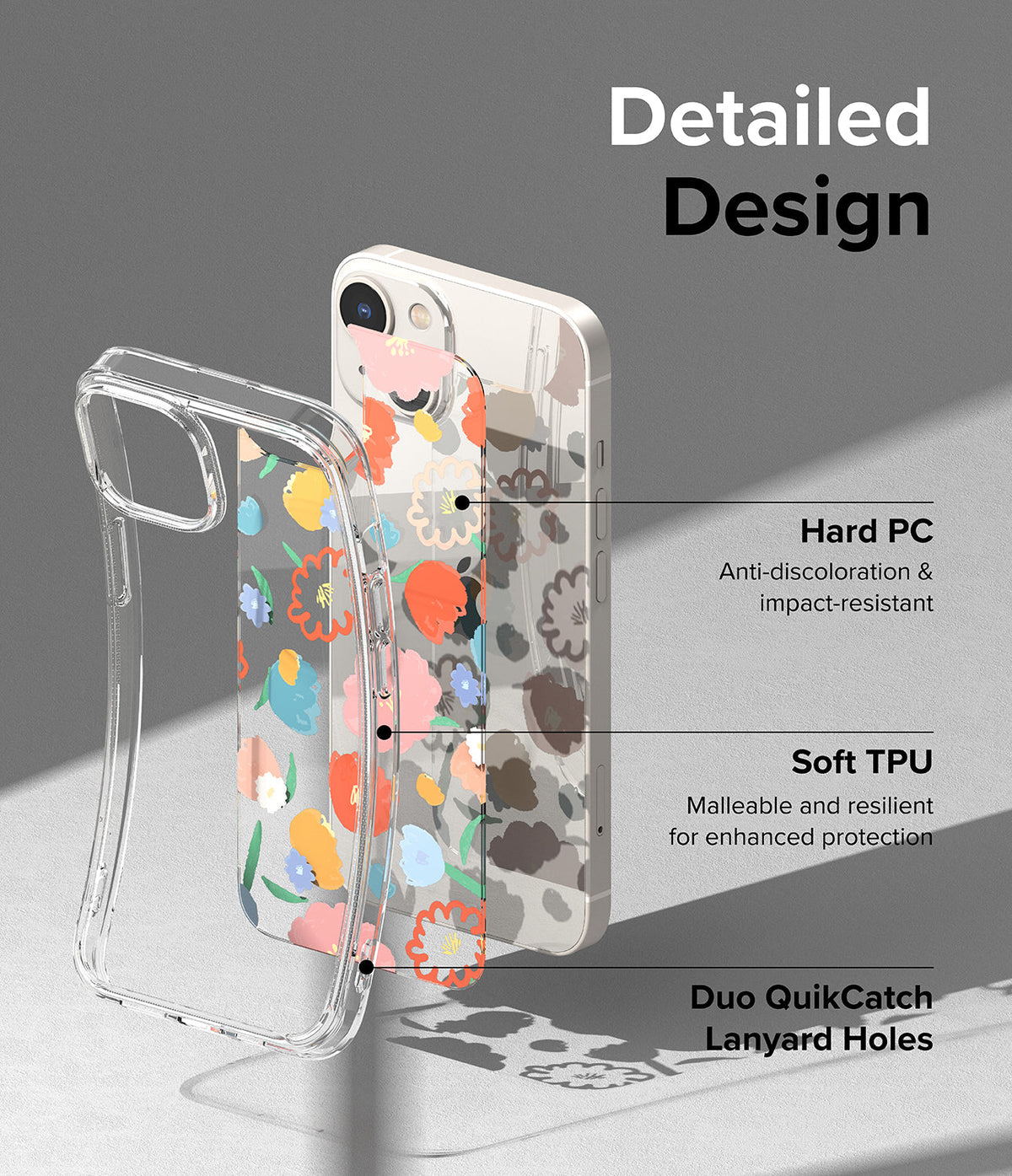 iPhone 14 Case | Fusion Design - Exploded view of a floral phone case showing hard PC, soft TPU, and lanyard hole features.