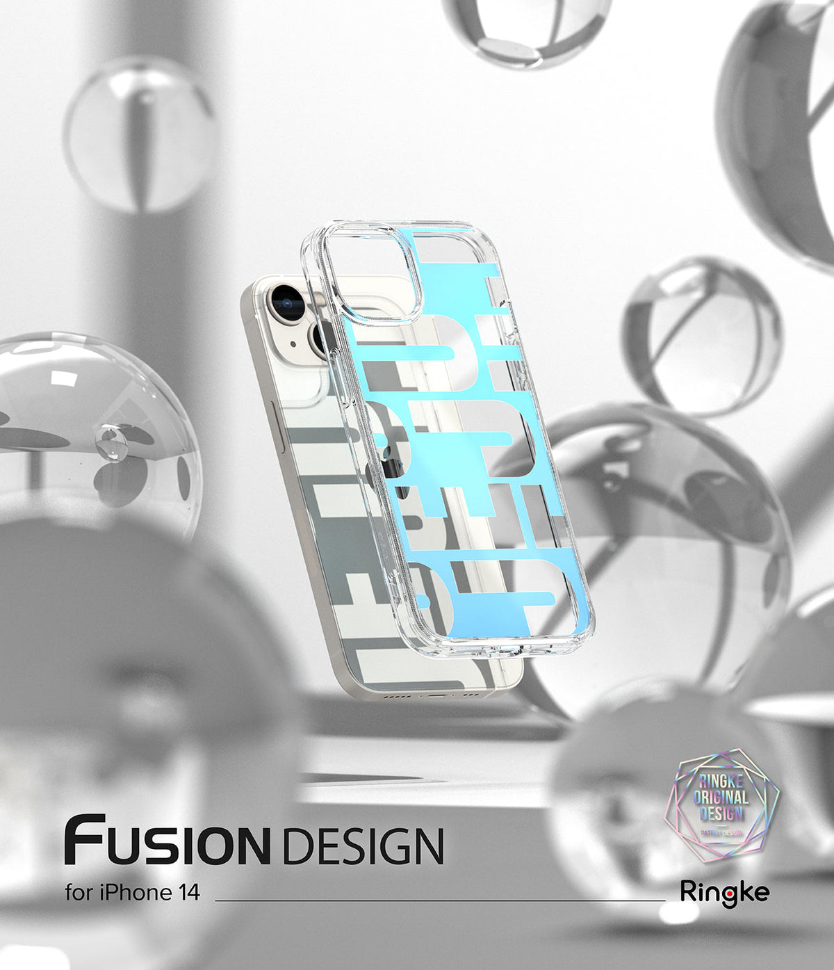iPhone 14 Case | Fusion Design - Clear iPhone 14 case with light blue graphic text floating among translucent spheres.