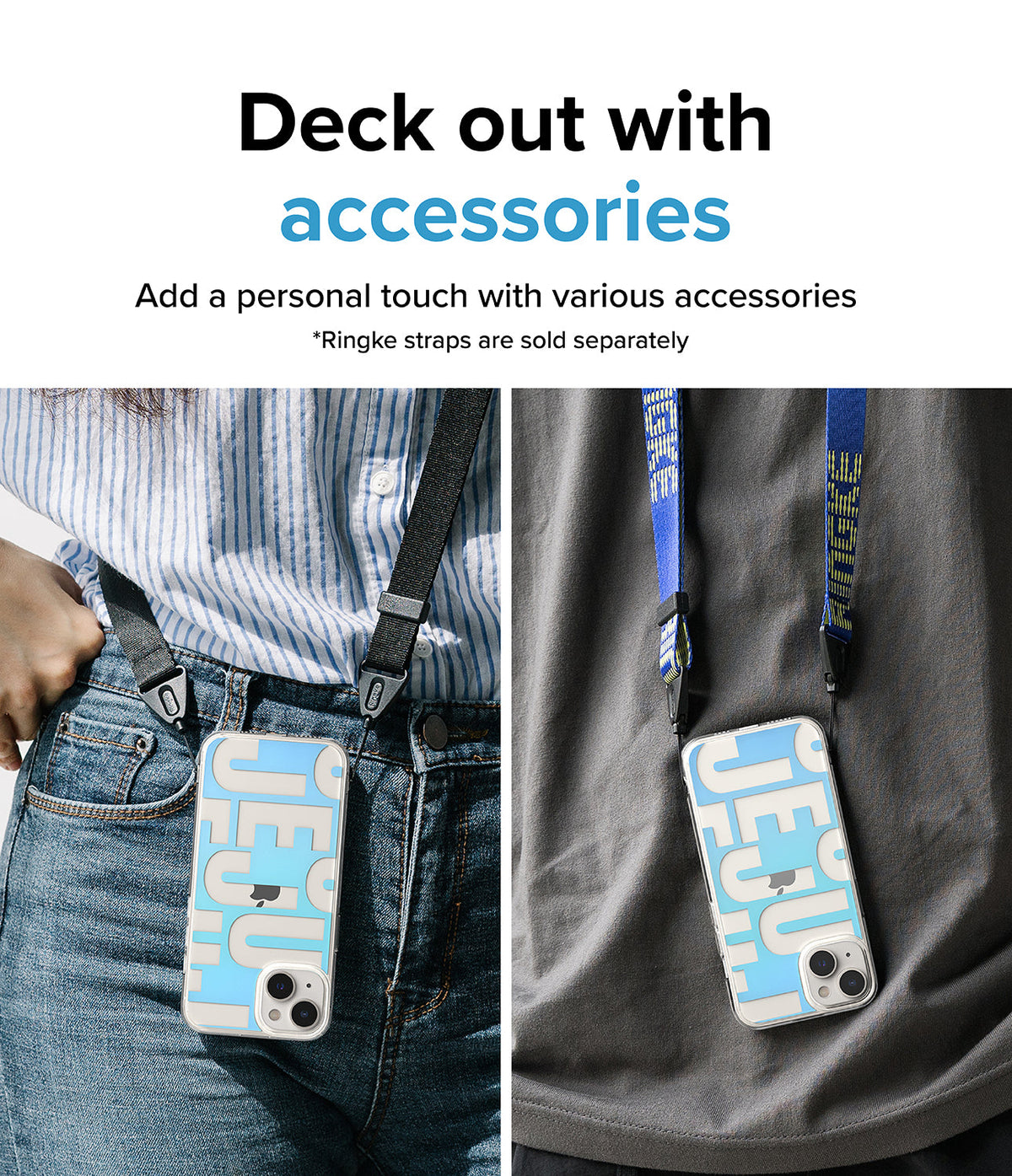 iPhone 14 Case | Fusion Design - Two people wearing iPhone 14 cases with JEJU text and colorful neck straps attached.