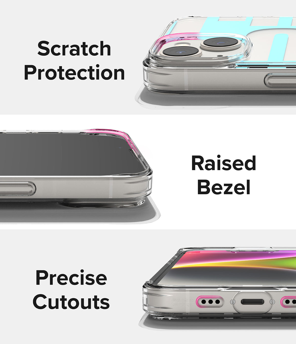 iPhone 14 Case | Fusion Design - Three close-up views of a clear phone case highlighting scratch protection, raised bezels, and precise cutouts.