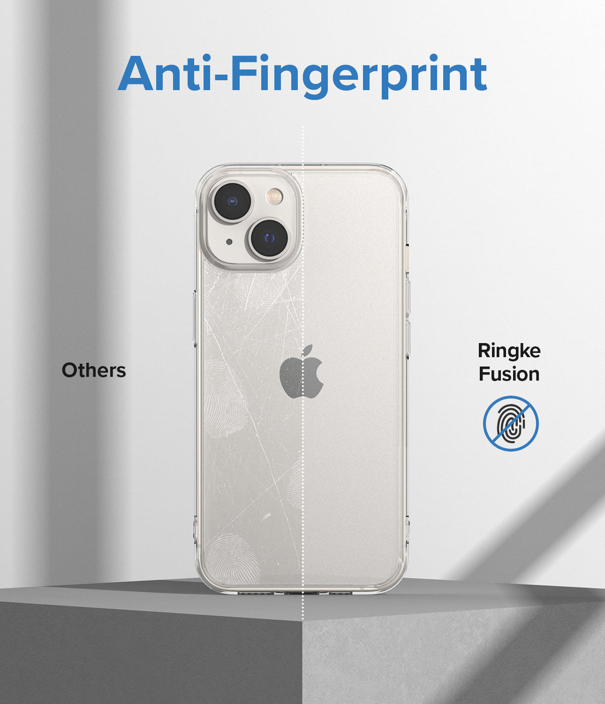 iPhone 14 Case | Fusion Matte - Comparison showing a fingerprint-covered standard case versus a clean Ringke Fusion matte case.