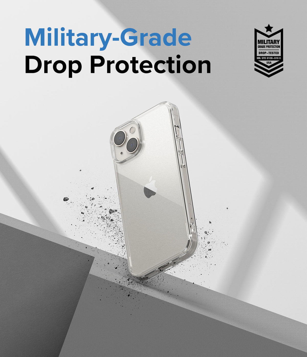 iPhone 14 Case | Fusion Matte - Clear phone case on a geometric gray background with military-grade drop protection text.