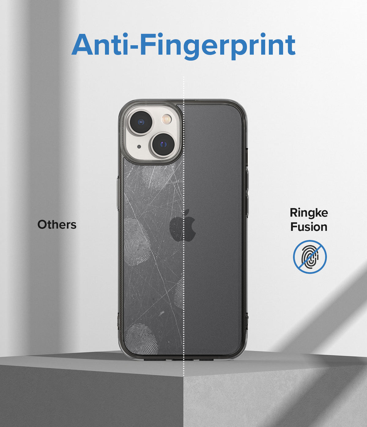 iPhone 14 Case | Fusion Matte - Comparison showing a fingerprint-covered phone case versus a clean Ringke Fusion matte case.