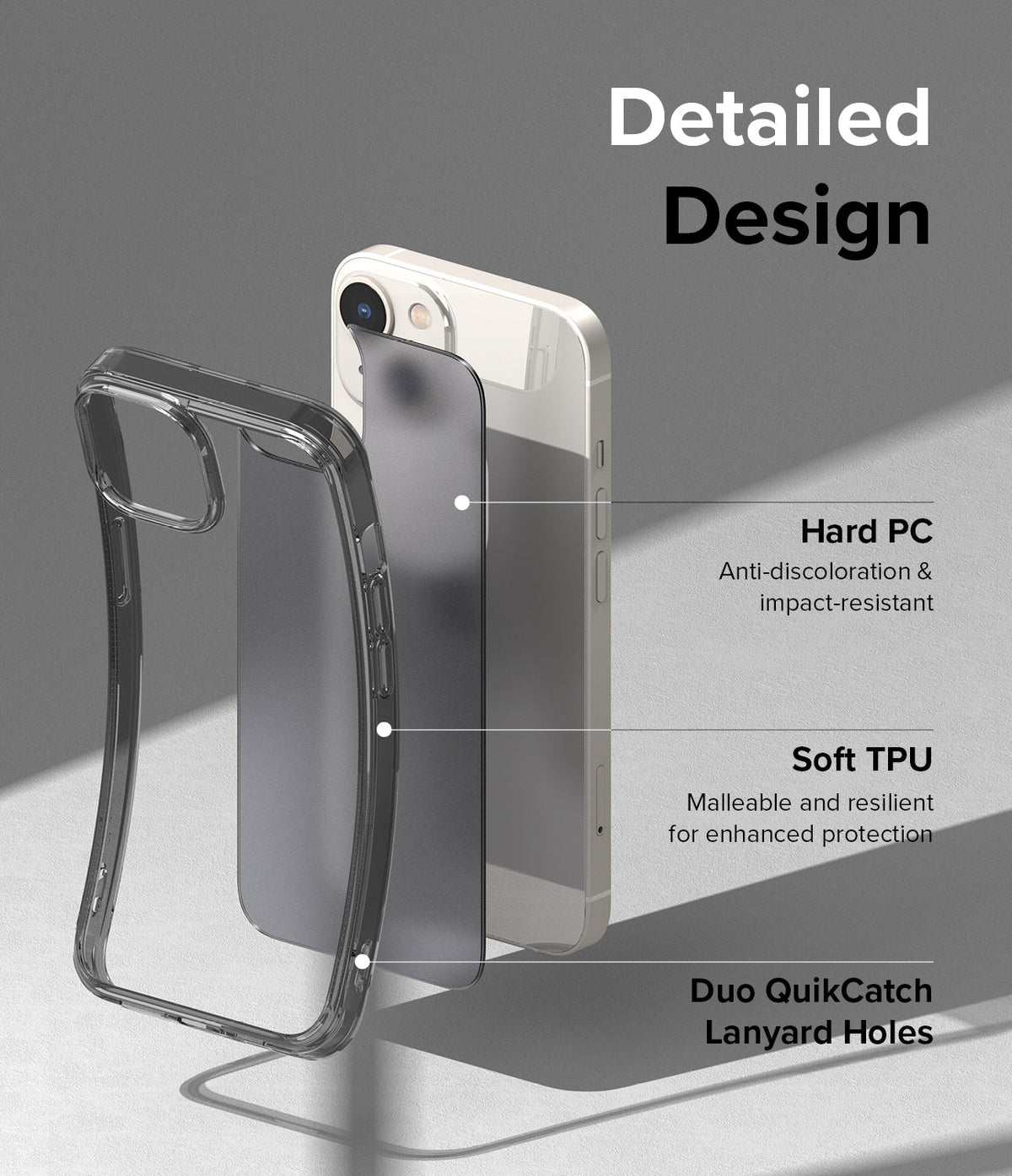 iPhone 14 Case | Fusion Matte - Exploded view of phone case showing hard PC, soft TPU layers, and lanyard holes.