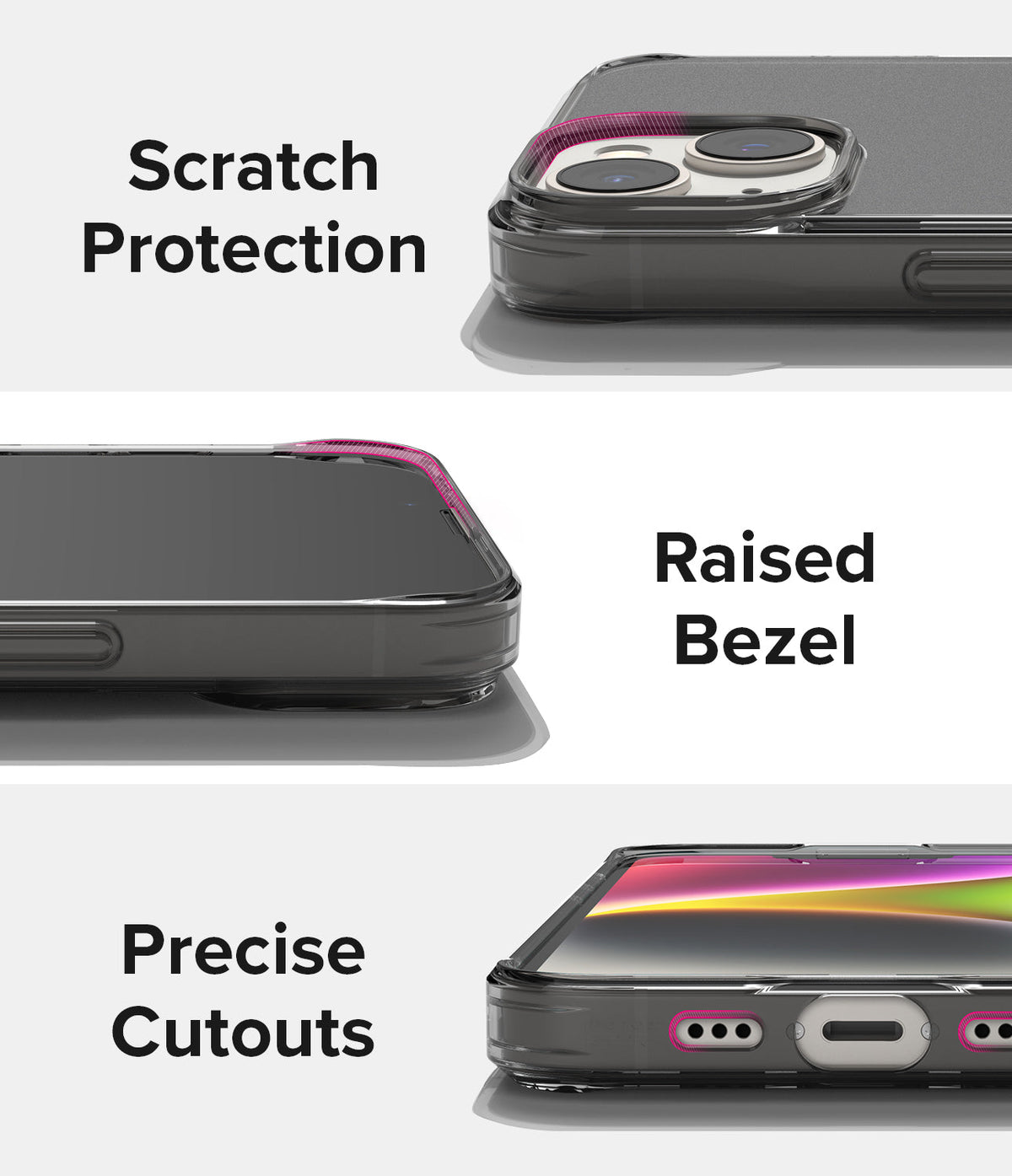 iPhone 14 Case | Fusion Matte - Close-ups showing camera protection, raised screen bezels, and precise port cutouts.
