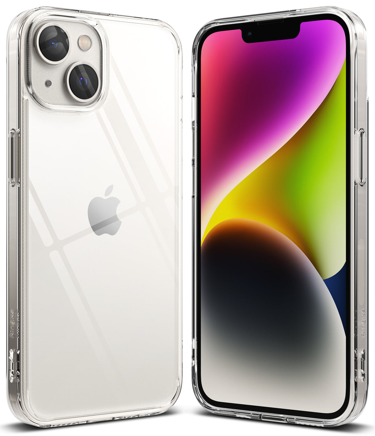 iPhone 14 Case | Fusion - Clear protective case shown from back and front angles on an iPhone 14 with a colorful wallpaper.