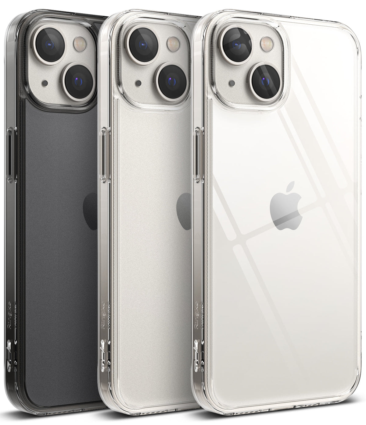 iPhone 14 Case | Fusion Matte - Three iPhone 14 phones in matte black, frosted, and clear Fusion cases lined up diagonally.