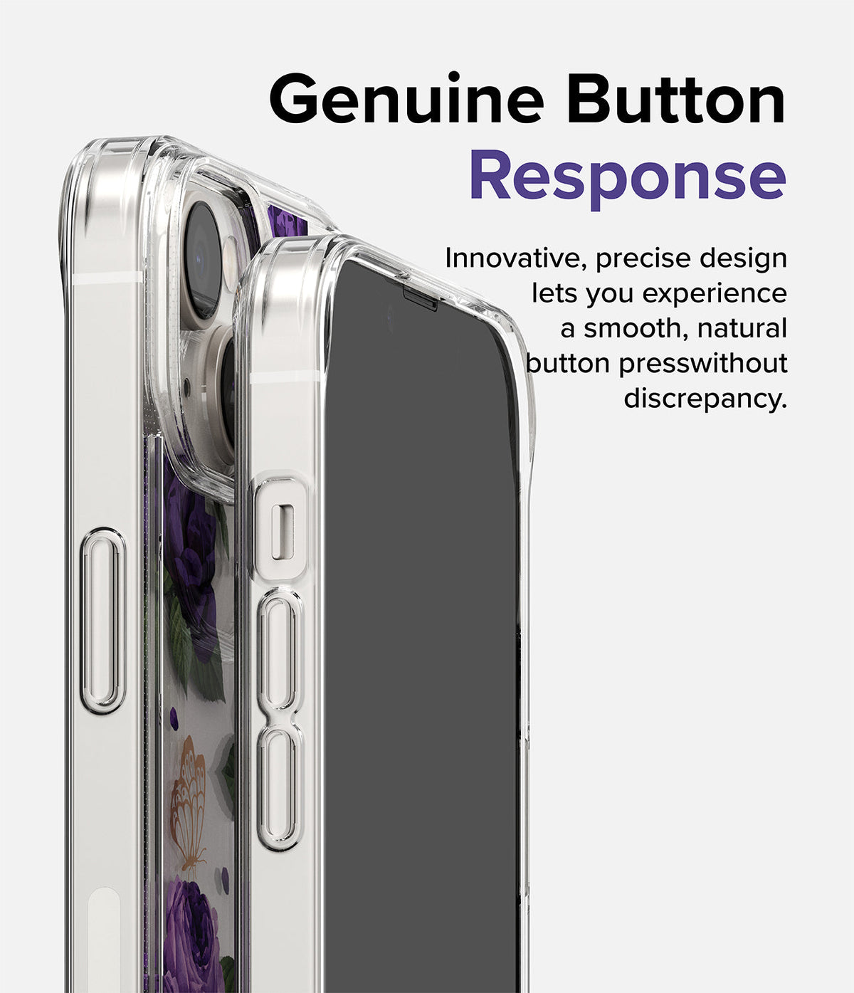 iPhone 14 Case | Fusion Design - Clear phone case showing precise button cutouts with purple floral design on the back.