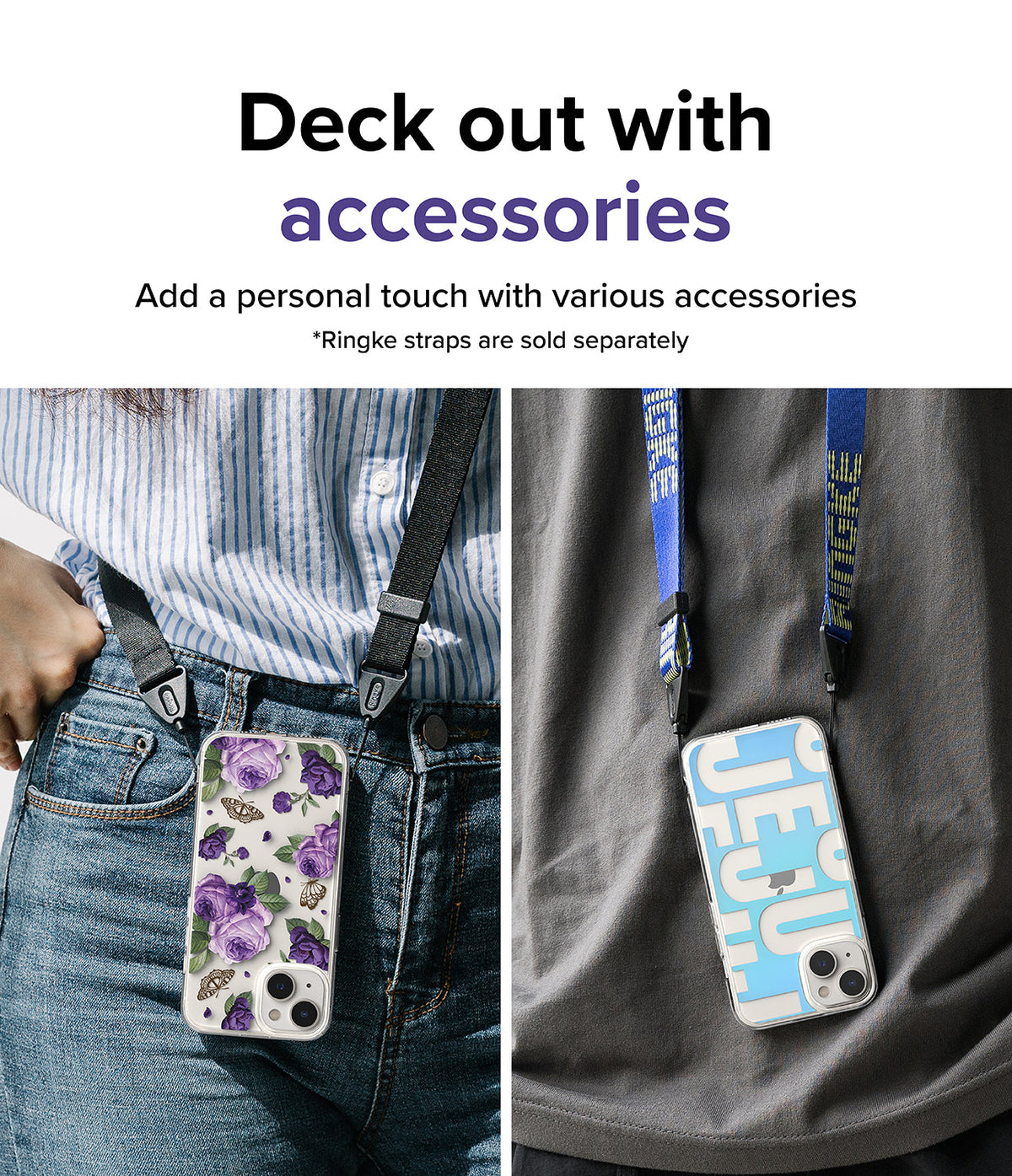 iPhone 14 Case | Fusion Design - Two iPhone 14 cases with floral and blue graphic designs hanging from neck straps on people.